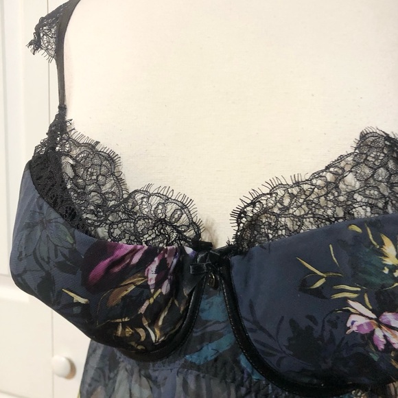 Cacique Ladies Plus Nighty Sheer Dark Floral Chemise With Black Lace Bra 42 DDD - Picture 4 of 10